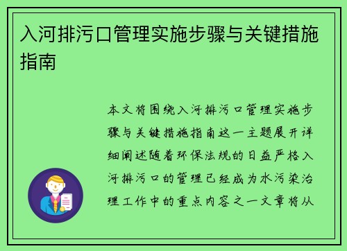 入河排污口管理实施步骤与关键措施指南